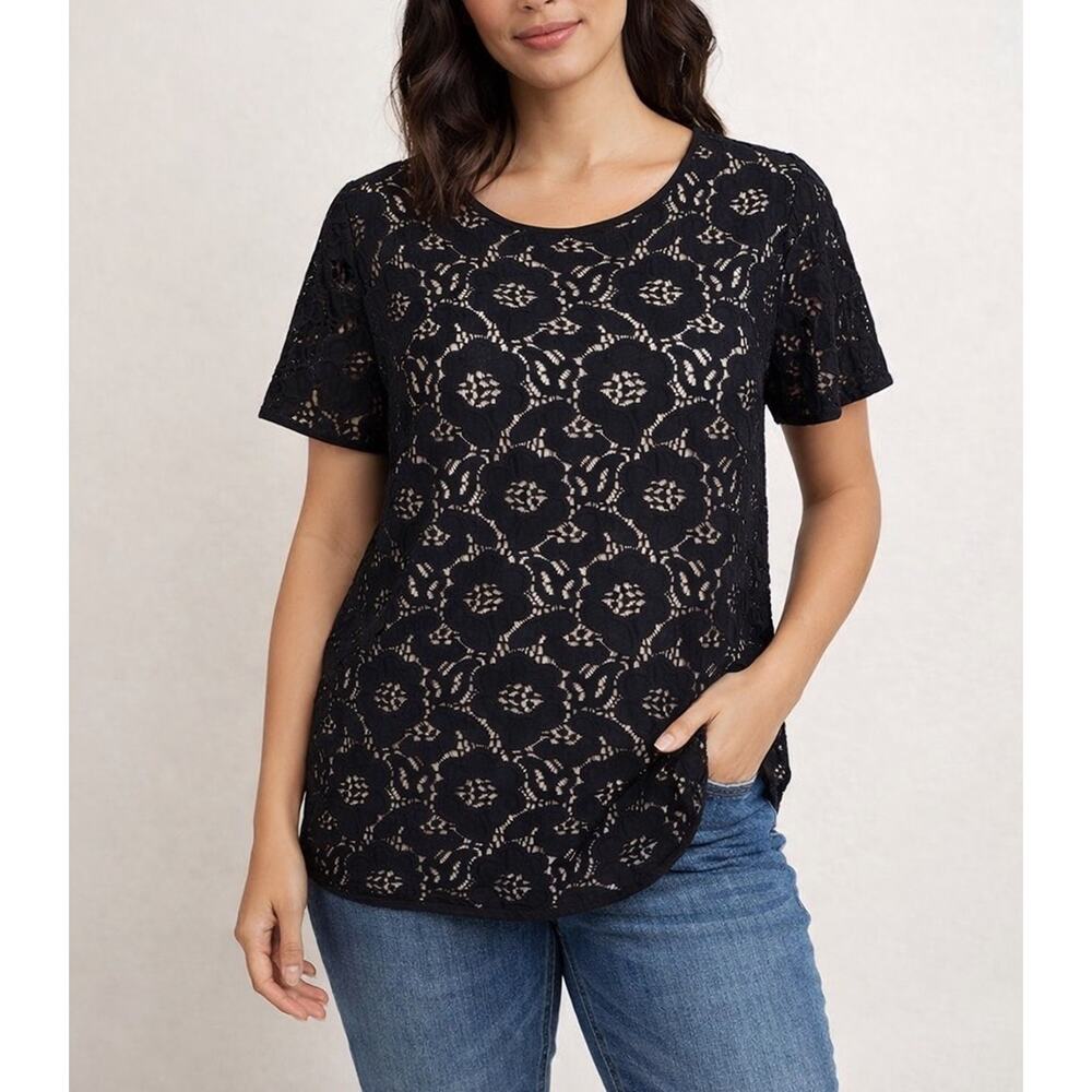 Ann Taylor LOFT Black Lace Sheer Blouse Short Sleeve Floral Top Women Medium